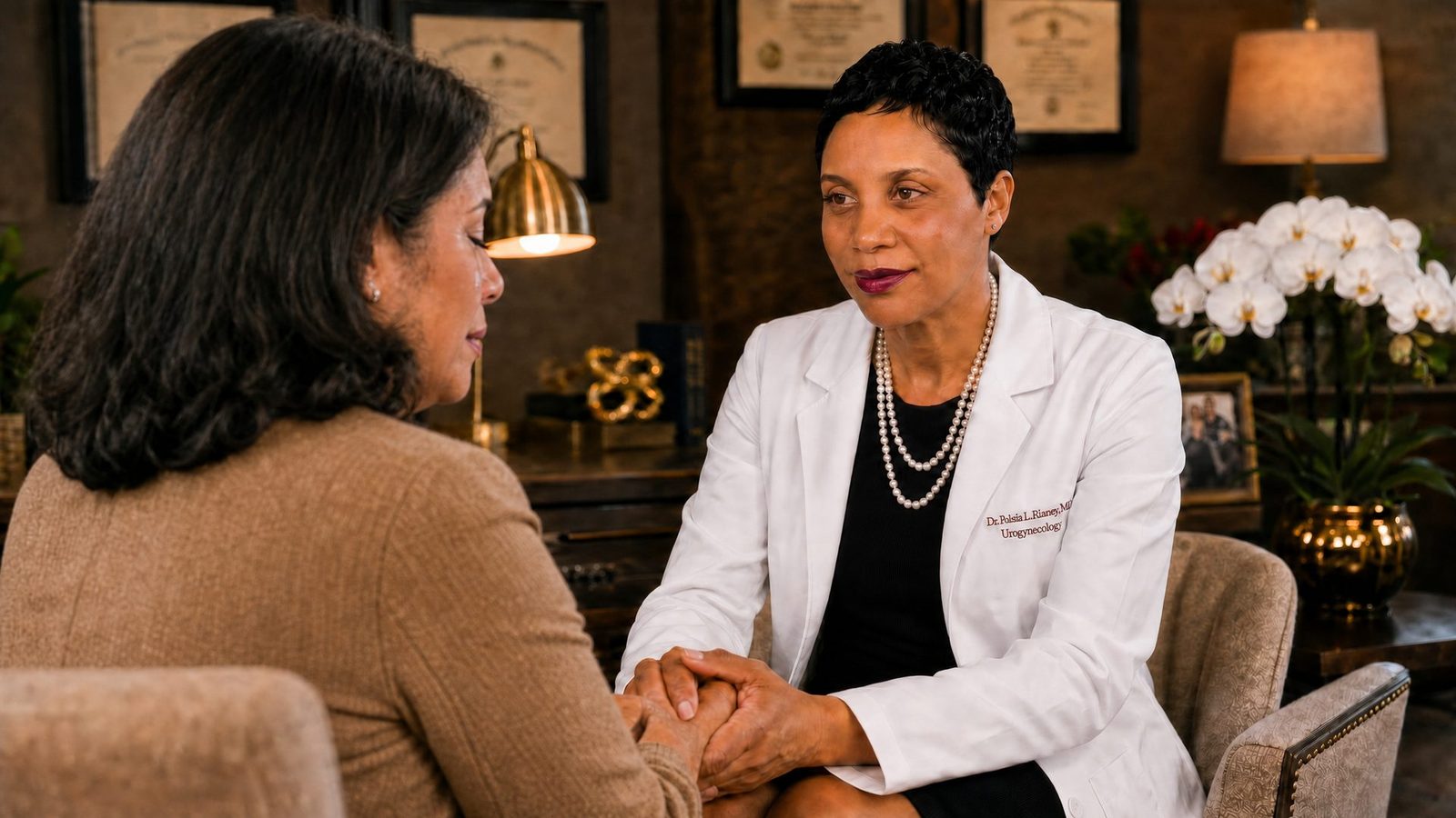 Dr. Rhaney sits knee to knee with a woman, holding her hands, listening.