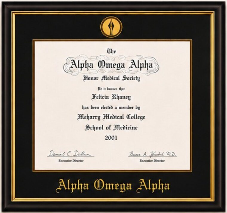 Framed Alpha Omega Alpha Honor Medical Society certificate for Felicia Rhaney, McHarry Medical College, 2001, in a dark wood frame with gold matting.