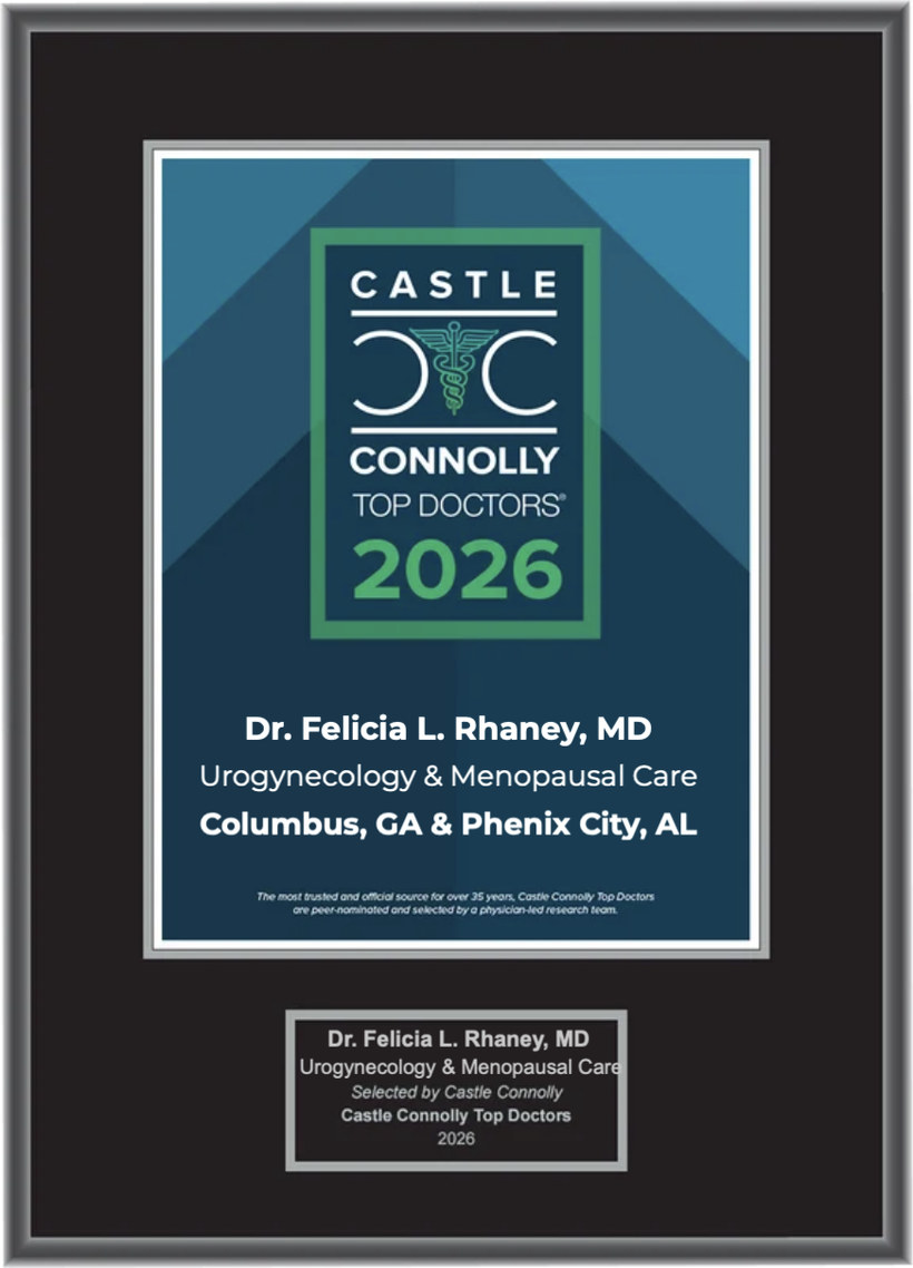 Framed Castle Connolly Top Doctors 2026 plaque for Dr. Felicia L. Rhaney, MD, Urogynecology & Menopausal Care, Columbus, GA and Phenix City, AL, with engraved name plate, in a silver frame with black matting.